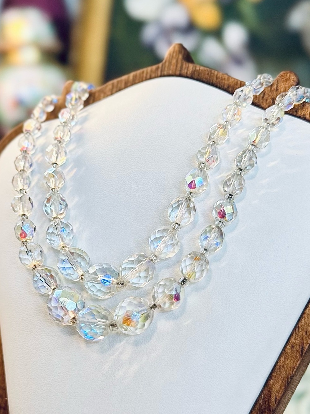 Vintage Double Strand Aurora Borealis Austrian Crystal Necklace Mid-Century